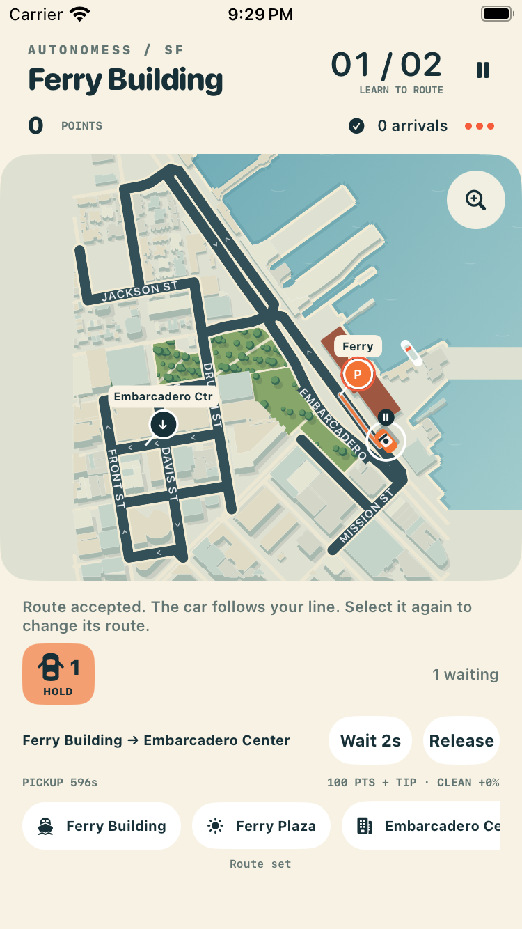 Autonomess gameplay: a robotaxi route along the real Embarcadero waterfront, from the Ferry Building to Embarcadero Center